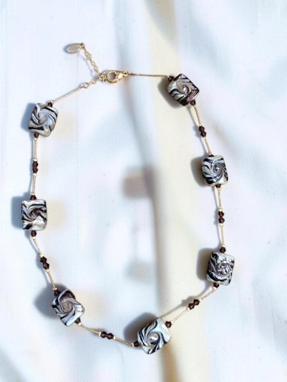 Alexis K Art Glass 18” Necklace  Black, Brown & White with Bits of Metallic Gold - Picture 5 of 5